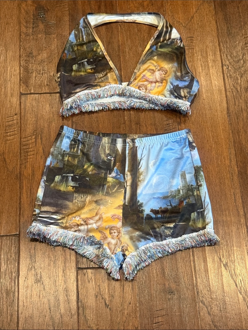 Small / 4 Cherub Print Fringe Halter Crop Top & Shorts Set — Blue, Gold, Brown - Picture 2 of 4